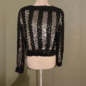 Caron Vintage 70s Sequin Blouse Black Silver Top Shirt Party Woman Size 12 R8